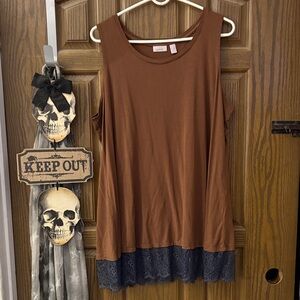 Chocolate Brown Tank Top with Navy Lace Trim